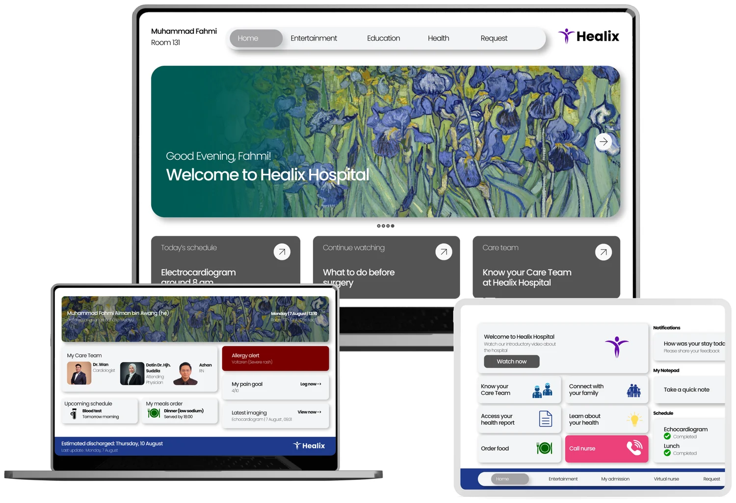 Healix running on a hospital room screen, a laptop and a tablet
