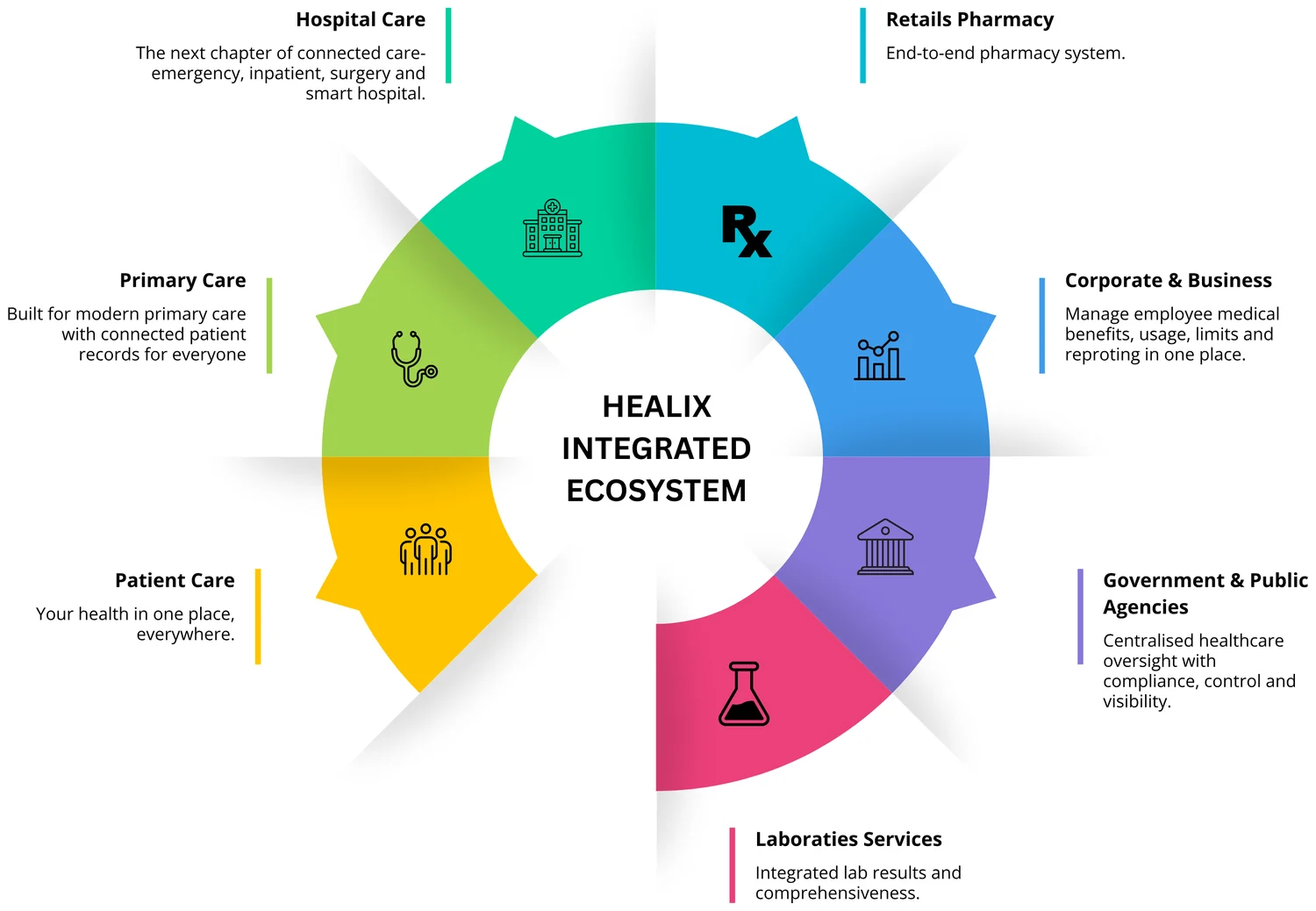 The Healix Integrated Ecosystem — Hospital Care, Retails Pharmacy, Corporate & Business, Government & Public Agencies, Laboraties Services, Patient Care and Primary Care