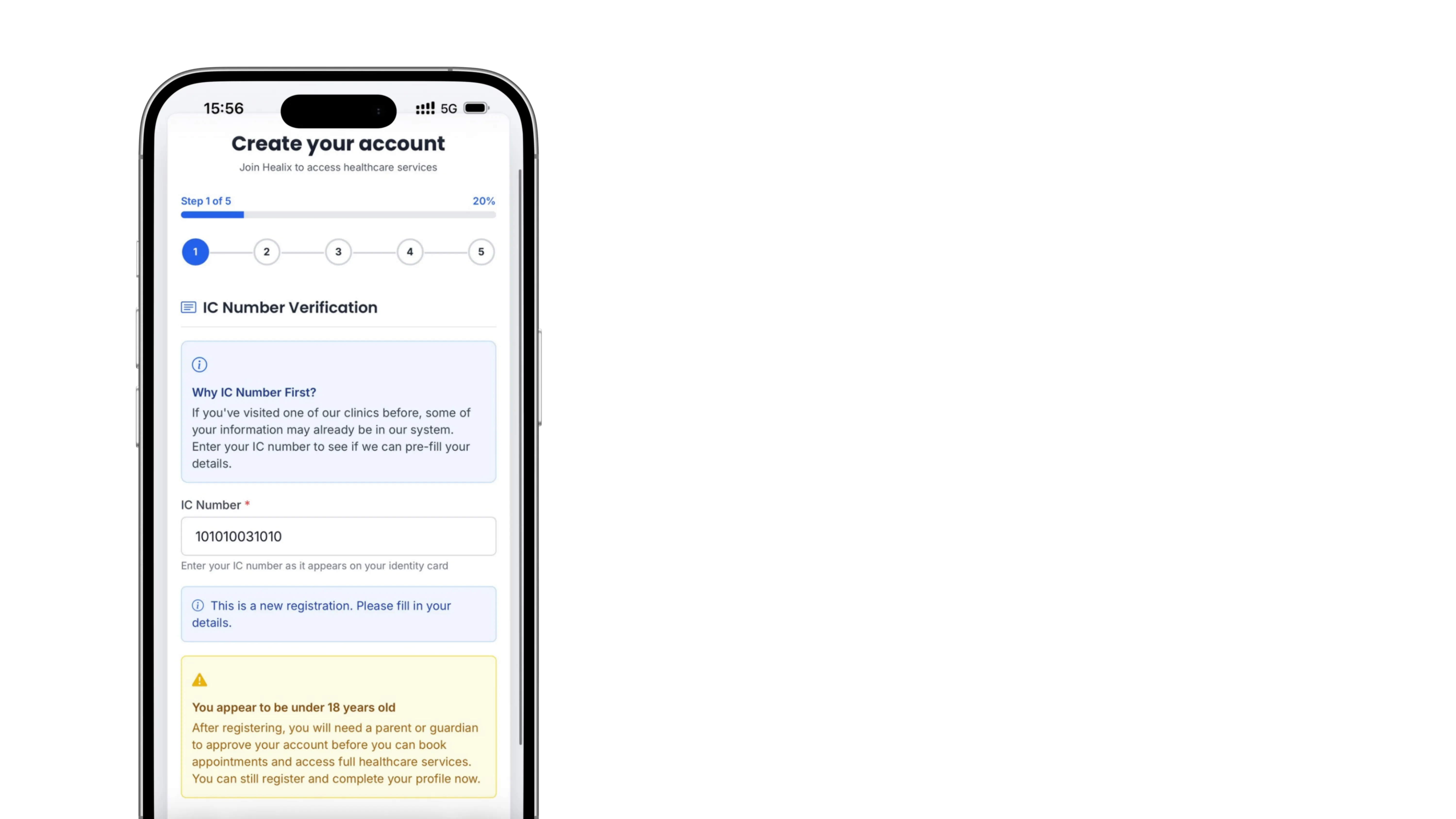Create your account — IC number verification, with an under-18 parental approval notice
